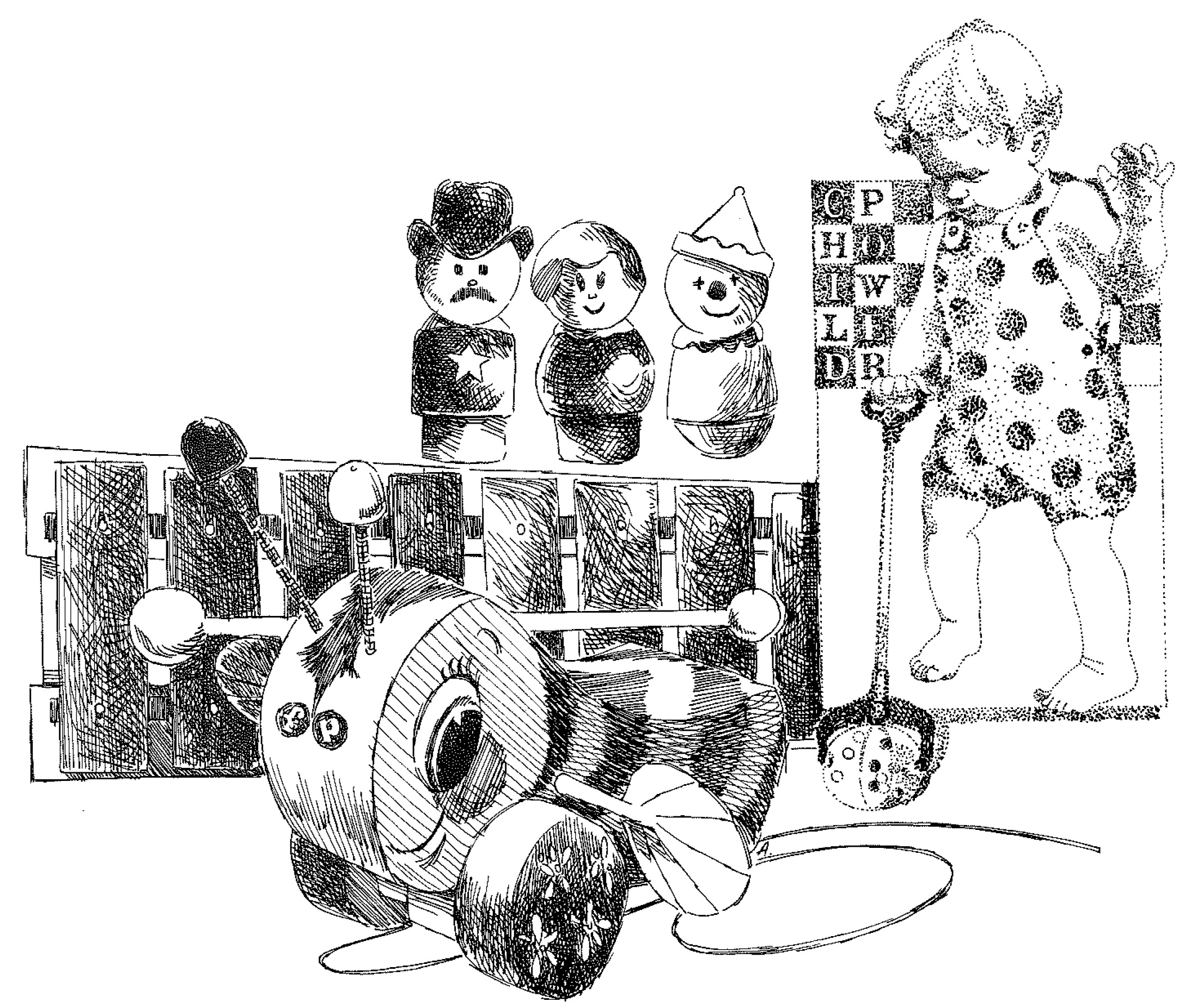 black and white illustration of a child playing with wooden toys
