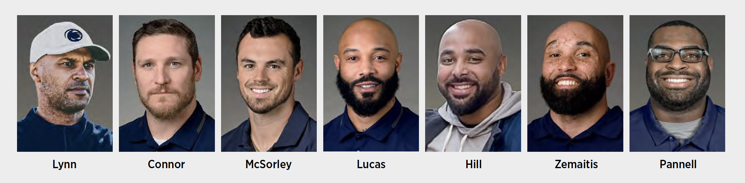 head shots of former linemen who are now on the coaching staff, photos by Mark Selders/Penn State Athletics