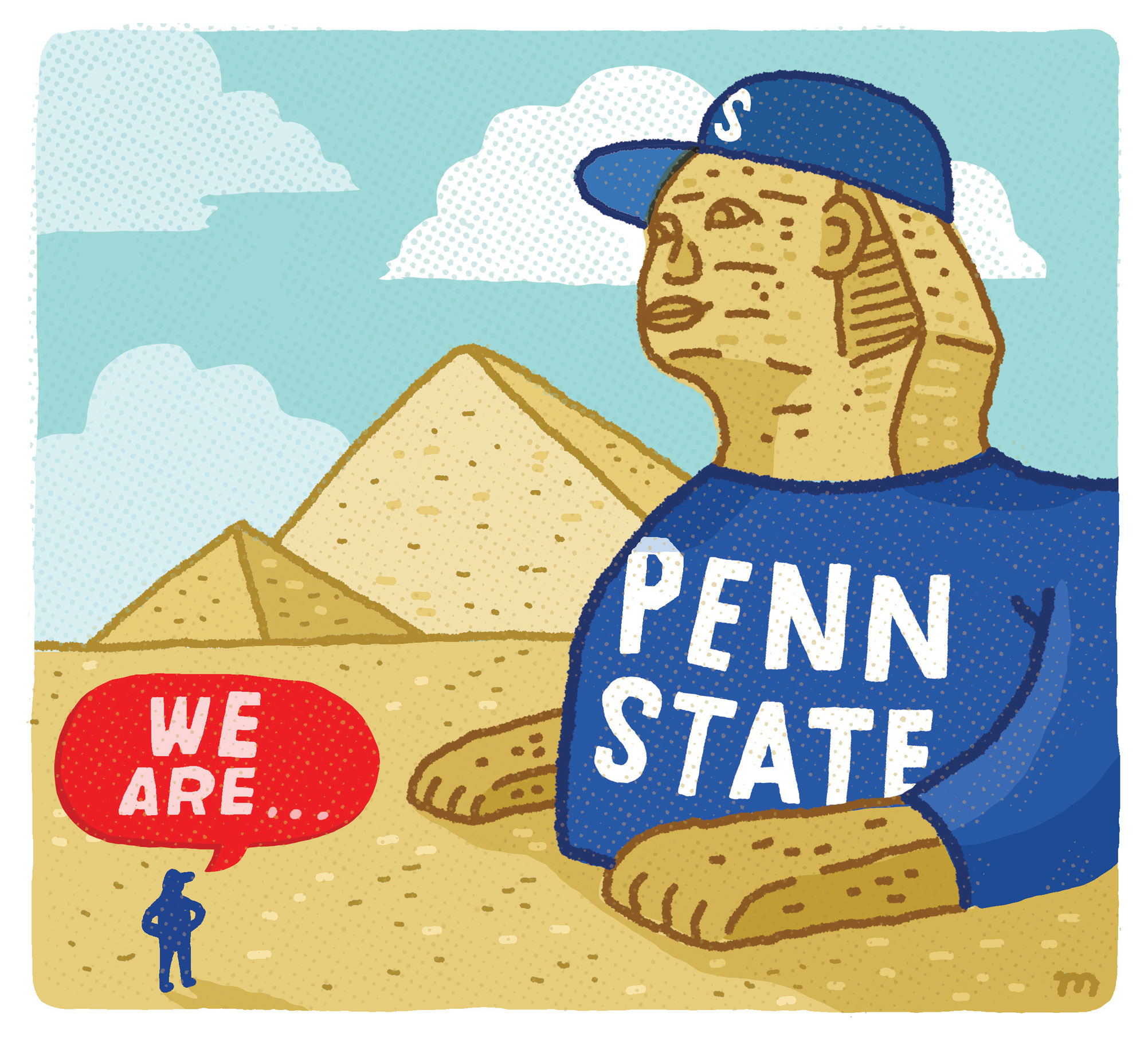 illustration of an Egyptian statue with a Penn State hat on it by Aaron Meshon