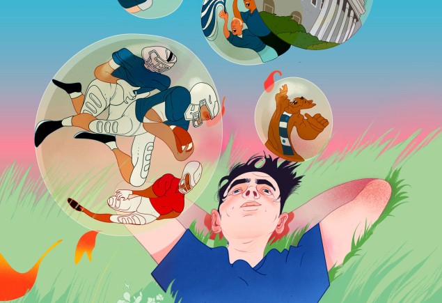 illustration of an adult lying in the grass with thought bubbles full of Penn State related things swirling above his head by Marcos Chin