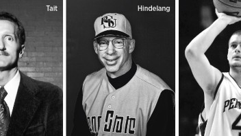 black and white photo of three head shots of Tait, Hindelang, and Bogetic by Penn State Athletics