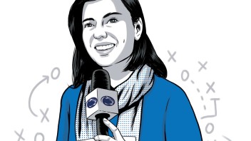 illustration of a woman holding a microphone branded with Nittany Lion by Joel Kimmel